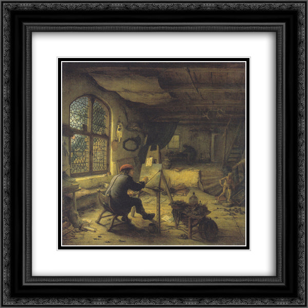 The Painter in His Workshop 20x20 Black Ornate Wood Framed Art Print Poster with Double Matting by Ostade, Adriaen van