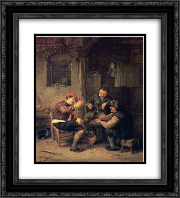 Three Peasants at an Inn 20x22 Black Ornate Wood Framed Art Print Poster with Double Matting by Ostade, Adriaen van