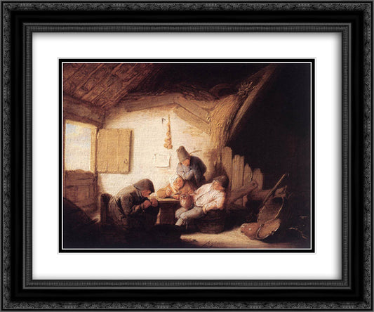 Village Tavern with Four Figures 24x20 Black Ornate Wood Framed Art Print Poster with Double Matting by Ostade, Adriaen van