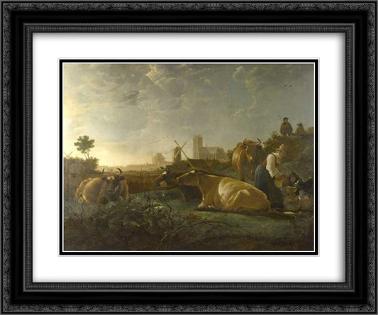 A Distant View of Dordrecht, with a Milkmaid and Four Cow 24x20 Black Ornate Wood Framed Art Print Poster with Double Matting by Cuyp, Aelbert