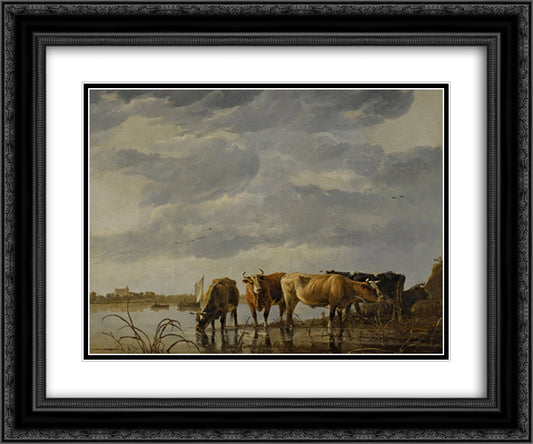 Cattle Watering by an Estuary 24x20 Black Ornate Wood Framed Art Print Poster with Double Matting by Cuyp, Aelbert