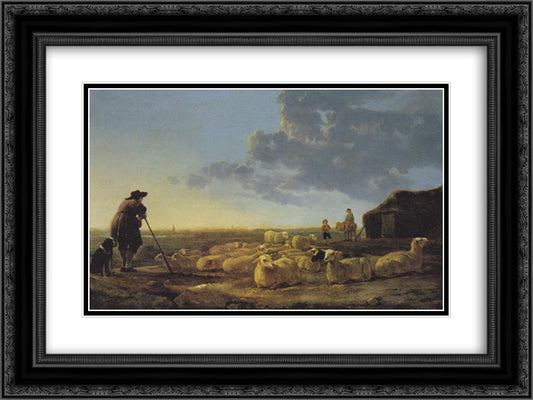 Flock of Sheep at Pasture 24x18 Black Ornate Wood Framed Art Print Poster with Double Matting by Cuyp, Aelbert