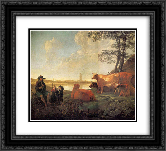 Landscape with Shepherds and Flock, Near Rhenen 22x20 Black Ornate Wood Framed Art Print Poster with Double Matting by Cuyp, Aelbert