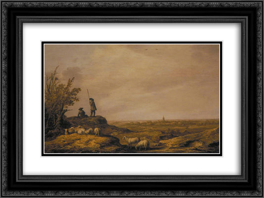 Panoramic Landscape with Shepherds, Sheep and a Town in the Distance 24x18 Black Ornate Wood Framed Art Print Poster with Double Matting by Cuyp, Aelbert