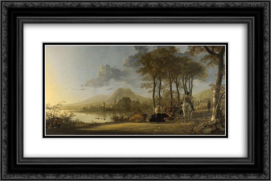 River Landscape with Horseman and Peasants 24x16 Black Ornate Wood Framed Art Print Poster with Double Matting by Cuyp, Aelbert