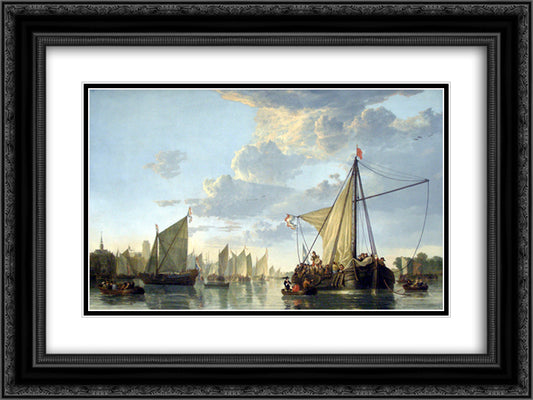 The Maas at Dordrecht 24x18 Black Ornate Wood Framed Art Print Poster with Double Matting by Cuyp, Aelbert