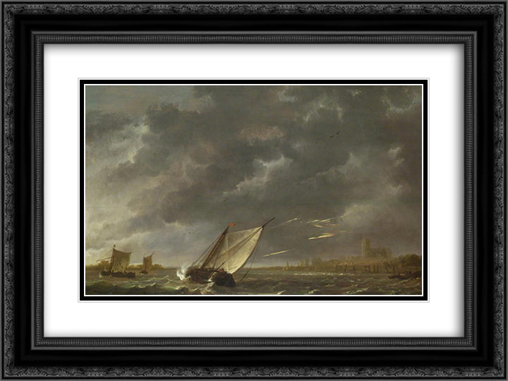 The Maas at Dordrecht in a Storm 24x18 Black Ornate Wood Framed Art Print Poster with Double Matting by Cuyp, Aelbert