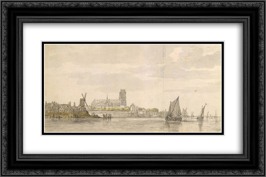 View of the Groote Kerk in Dordrecht from the River Maas 24x16 Black Ornate Wood Framed Art Print Poster with Double Matting by Cuyp, Aelbert