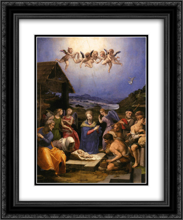 Adoration of the Shepherds 20x24 Black Ornate Wood Framed Art Print Poster with Double Matting by Bronzino, Agnolo