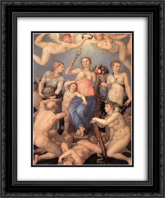 Allegory of Happiness 20x24 Black Ornate Wood Framed Art Print Poster with Double Matting by Bronzino, Agnolo