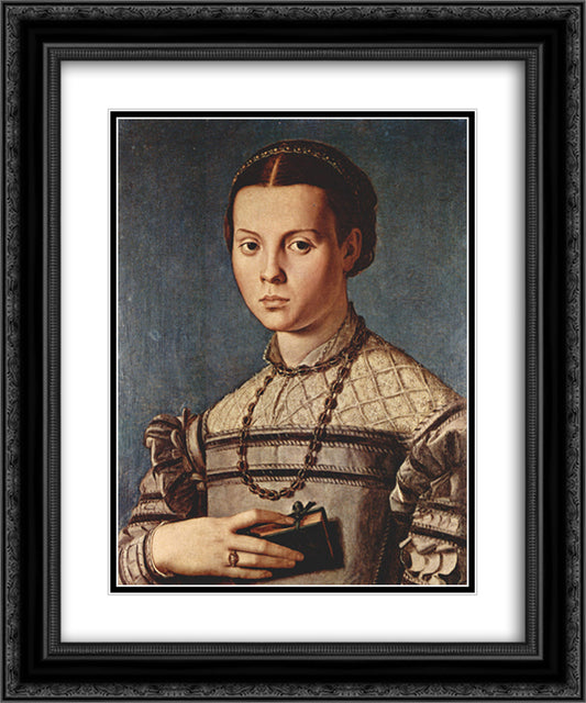 Portrait of a girl with book 20x24 Black Ornate Wood Framed Art Print Poster with Double Matting by Bronzino, Agnolo