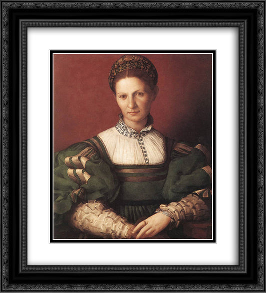 Portrait of a lady in green 20x22 Black Ornate Wood Framed Art Print Poster with Double Matting by Bronzino, Agnolo