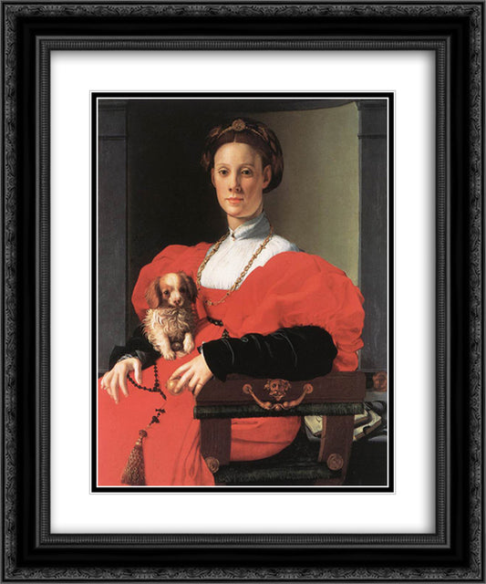 Portrait of a Lady with a Puppy 20x24 Black Ornate Wood Framed Art Print Poster with Double Matting by Bronzino, Agnolo