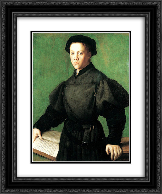 Portrait of Lorenzo Lenzi 20x24 Black Ornate Wood Framed Art Print Poster with Double Matting by Bronzino, Agnolo