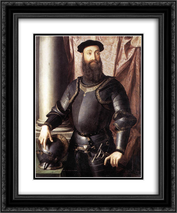 Portrait of Stefano IV Colonna 20x24 Black Ornate Wood Framed Art Print Poster with Double Matting by Bronzino, Agnolo