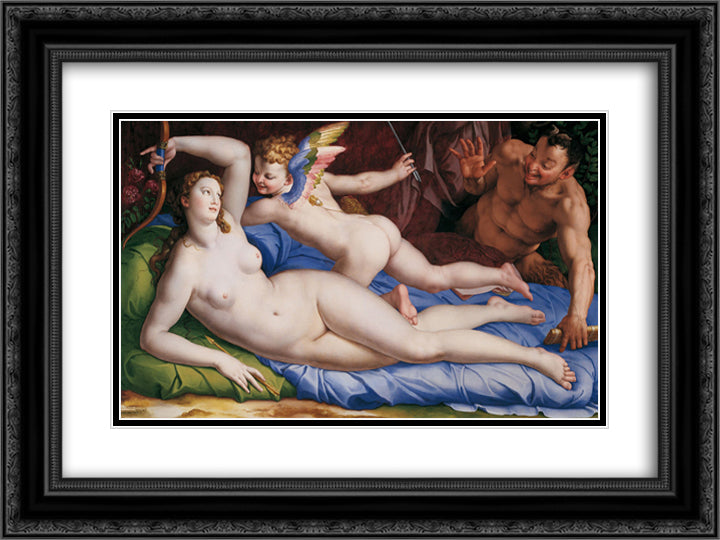 Venus, Cupido and Satyr 24x18 Black Ornate Wood Framed Art Print Poster with Double Matting by Bronzino, Agnolo