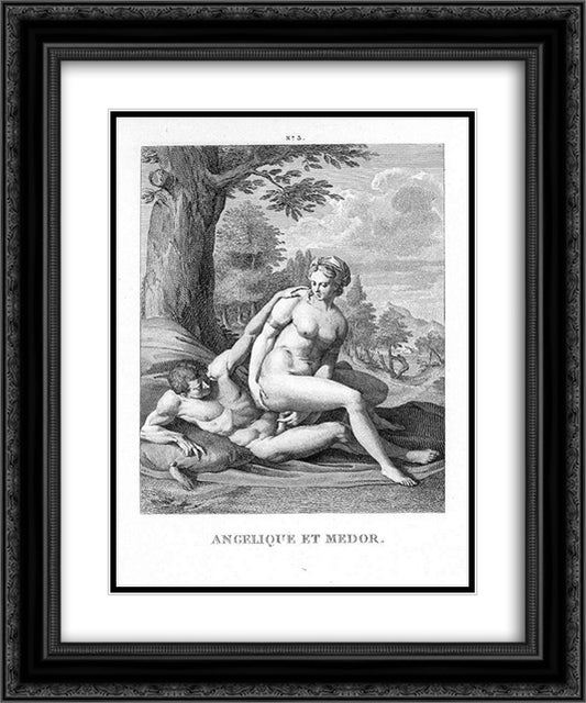 Angelica and Medor 20x24 Black Ornate Wood Framed Art Print Poster with Double Matting by Carracci, Agostino