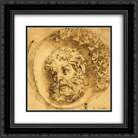 Head of a Faun in a Concave 20x20 Black Ornate Wood Framed Art Print Poster with Double Matting by Carracci, Agostino