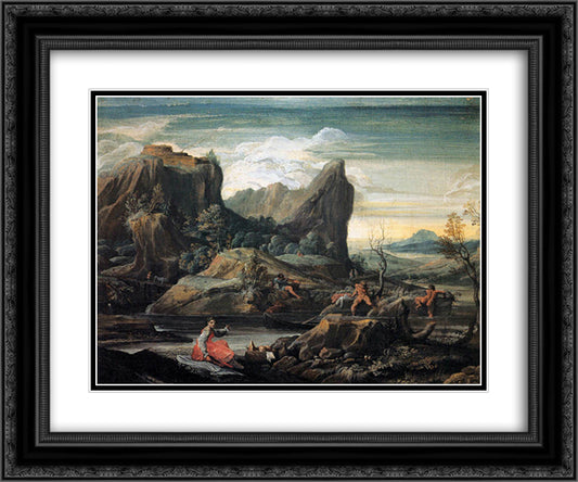 Landscape with Bathers 24x20 Black Ornate Wood Framed Art Print Poster with Double Matting by Carracci, Agostino