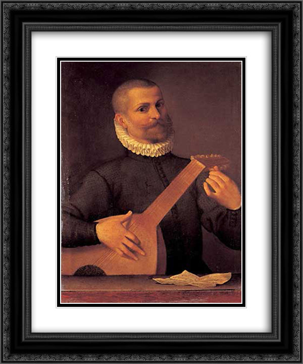 Portrait of a Lutenist (Portrait of the musician Orazio Bassani) 20x24 Black Ornate Wood Framed Art Print Poster with Double Matting by Carracci, Agostino