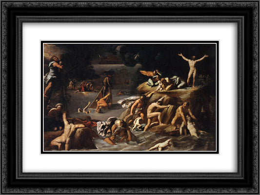 The Flood 24x18 Black Ornate Wood Framed Art Print Poster with Double Matting by Carracci, Agostino