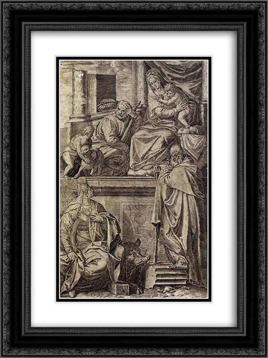 The Holy Family with Sts. Anthony Abbot, Catherine and the Infant St. John 18x24 Black Ornate Wood Framed Art Print Poster with Double Matting by Carracci, Agostino