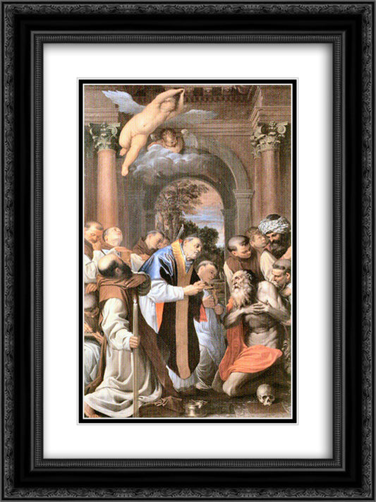 The Last Communion of St. Jerome 18x24 Black Ornate Wood Framed Art Print Poster with Double Matting by Carracci, Agostino