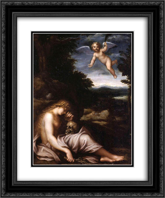 The Penitent Magdalen 20x24 Black Ornate Wood Framed Art Print Poster with Double Matting by Carracci, Agostino