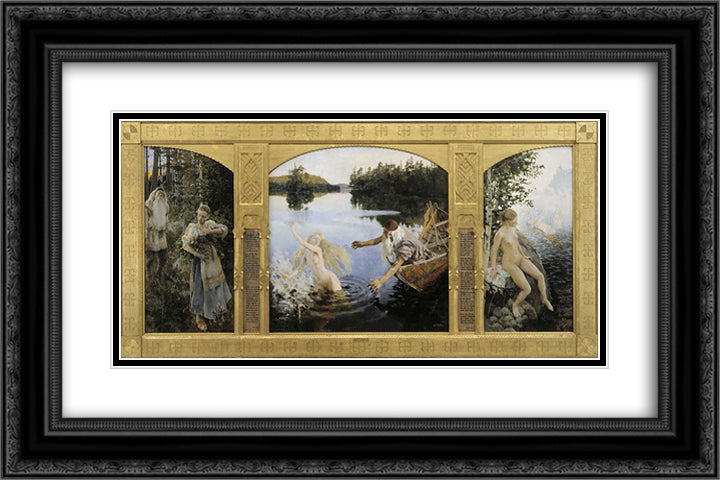 Aino Myth, Triptych 24x16 Black Ornate Wood Framed Art Print Poster with Double Matting by Gallen Kallela, Akseli