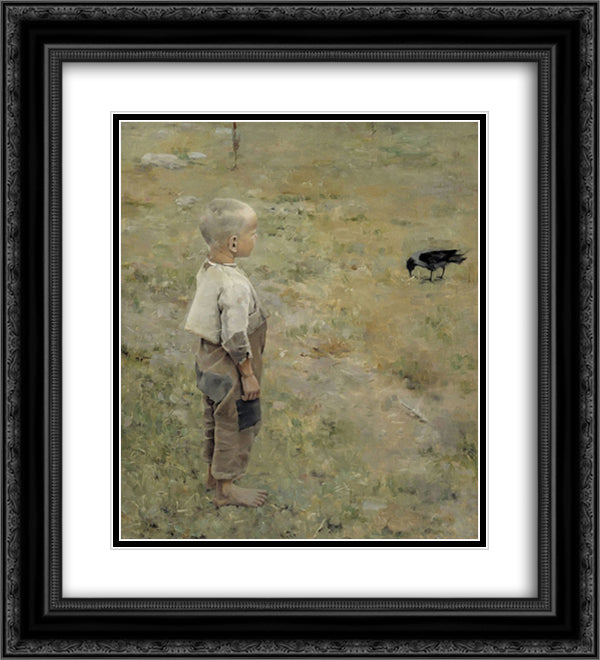 Boy with a Crow 20x22 Black Ornate Wood Framed Art Print Poster with Double Matting by Gallen Kallela, Akseli