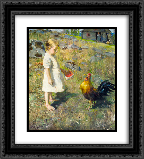 The girl and the rooster 20x22 Black Ornate Wood Framed Art Print Poster with Double Matting by Gallen Kallela, Akseli