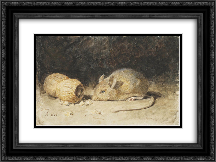 A mouse with a peanut 24x18 Black Ornate Wood Framed Art Print Poster with Double Matting by Anker, Albert