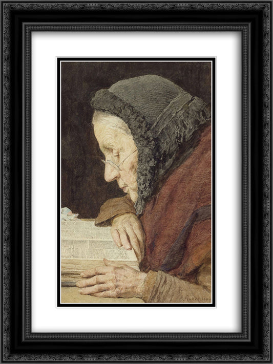 altere Frau in der Bibel lesend 18x24 Black Ornate Wood Framed Art Print Poster with Double Matting by Anker, Albert