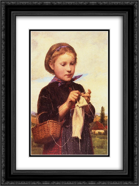 Girl Knitting 18x24 Black Ornate Wood Framed Art Print Poster with Double Matting by Anker, Albert