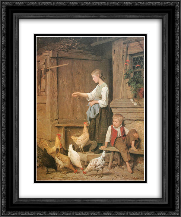 Jeune fille nourrissant les poules 20x24 Black Ornate Wood Framed Art Print Poster with Double Matting by Anker, Albert