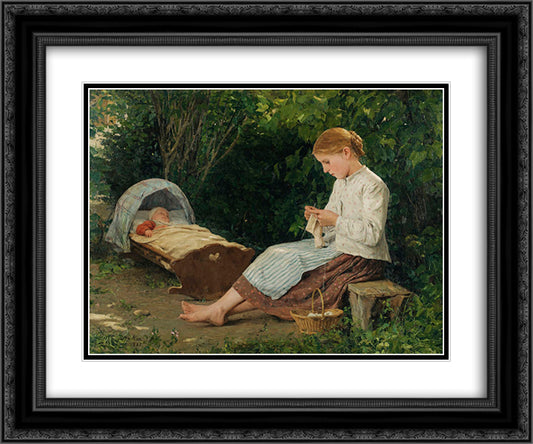 Knitting Girl Watching the Toddler in a Craddle 24x20 Black Ornate Wood Framed Art Print Poster with Double Matting by Anker, Albert