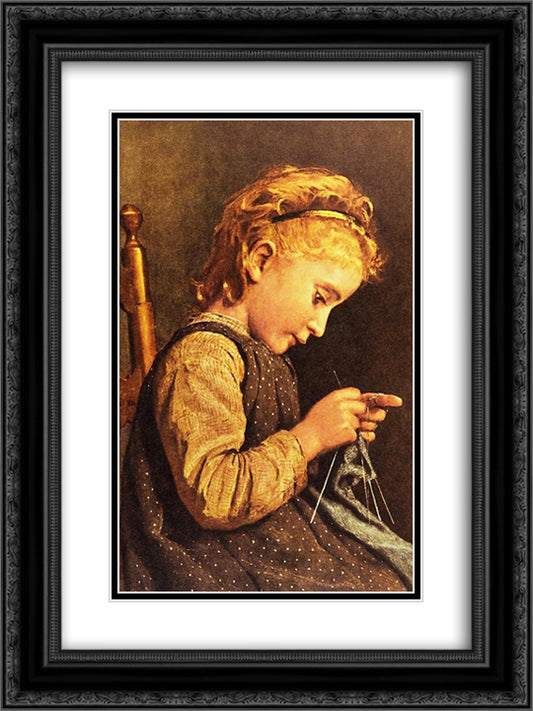 Little Girl Knitting 18x24 Black Ornate Wood Framed Art Print Poster with Double Matting by Anker, Albert