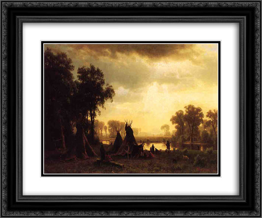 An Indian Encampment 24x20 Black Ornate Wood Framed Art Print Poster with Double Matting by Bierstadt, Albert