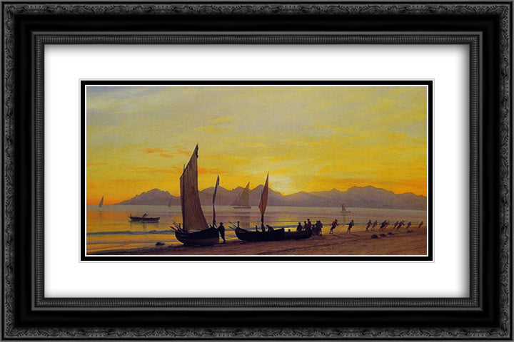 Boats Ashore at Sunset 24x16 Black Ornate Wood Framed Art Print Poster with Double Matting by Bierstadt, Albert