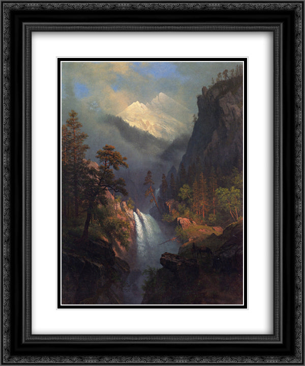 Cascading Falls at Sunset 20x24 Black Ornate Wood Framed Art Print Poster with Double Matting by Bierstadt, Albert