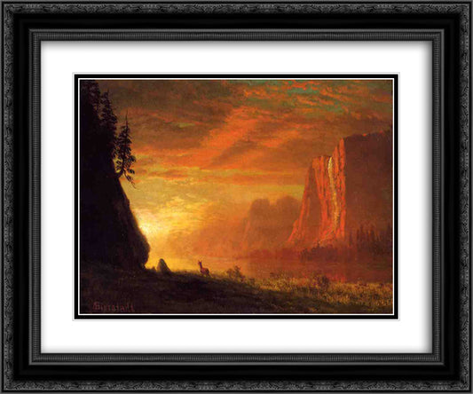 Deer at Sunset 24x20 Black Ornate Wood Framed Art Print Poster with Double Matting by Bierstadt, Albert