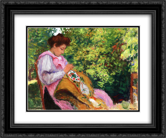 Girl Embroidering, Seated in a Garden 24x20 Black Ornate Wood Framed Art Print Poster with Double Matting by Marquet, Albert