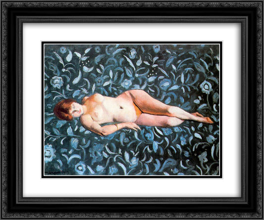 Nude on a Blue Background 24x20 Black Ornate Wood Framed Art Print Poster with Double Matting by Marquet, Albert