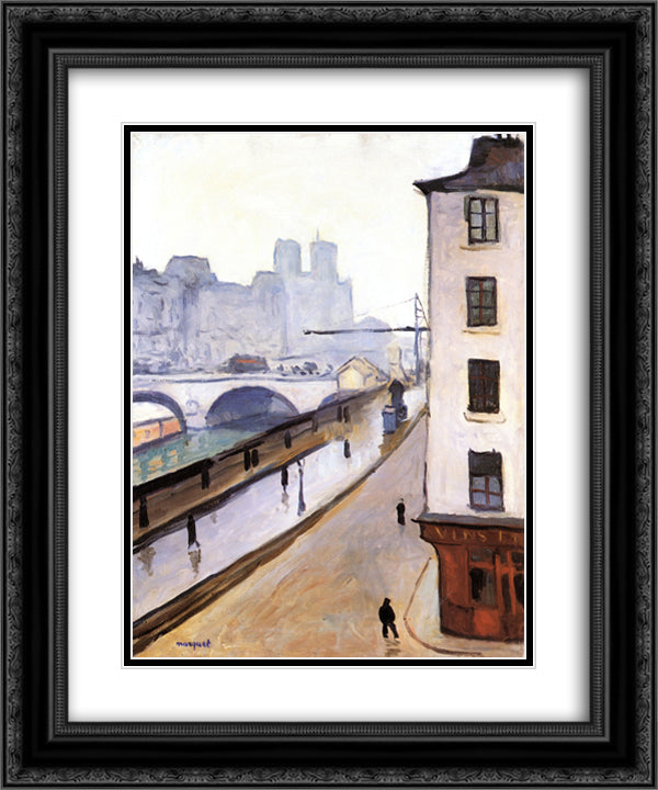 The Pont Saint-Michel and Notre Dame 20x24 Black Ornate Wood Framed Art Print Poster with Double Matting by Marquet, Albert