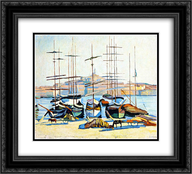 The Port of Marseliles 22x20 Black Ornate Wood Framed Art Print Poster with Double Matting by Marquet, Albert