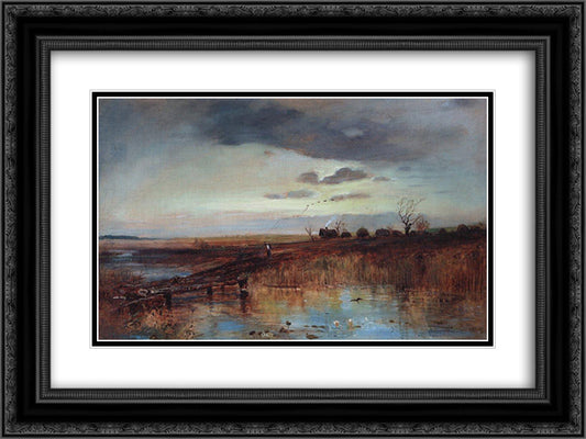 Autumn. Village near the stream 24x18 Black Ornate Wood Framed Art Print Poster with Double Matting by Savrasov, Aleksey