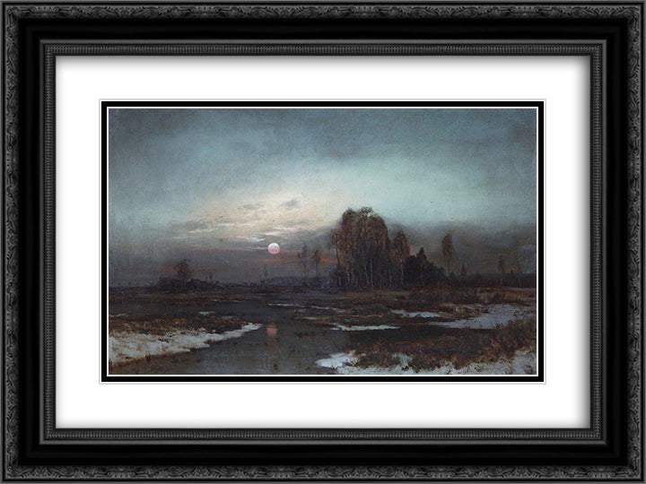 Autumn Landscape with a swampy river in the moonlight 24x18 Black Ornate Wood Framed Art Print Poster with Double Matting by Savrasov, Aleksey