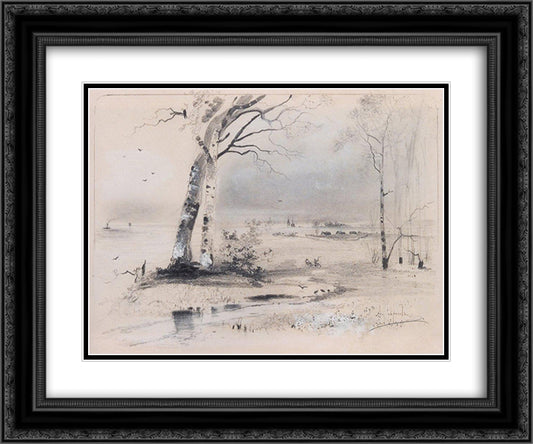 Early spring. Birches by the river 24x20 Black Ornate Wood Framed Art Print Poster with Double Matting by Savrasov, Aleksey