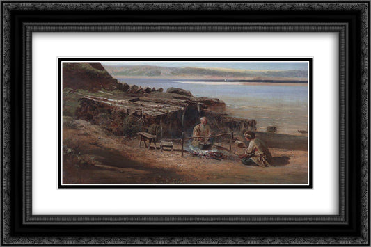 Fishermen on the Volga 24x16 Black Ornate Wood Framed Art Print Poster with Double Matting by Savrasov, Aleksey