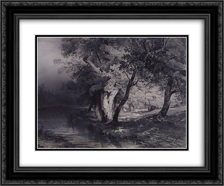 Forest near the lake, illuminated by the sun 24x20 Black Ornate Wood Framed Art Print Poster with Double Matting by Savrasov, Aleksey